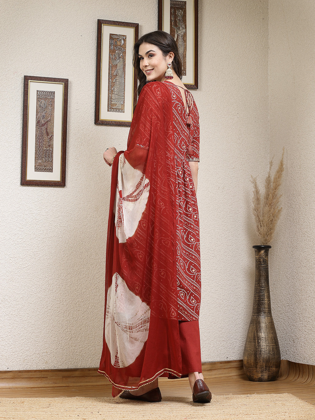 Stylum Women's Bandhej Printed Rayon Naira Cut Kurta Palazzo Dupatta Set (KPDRUSTCHARLI)