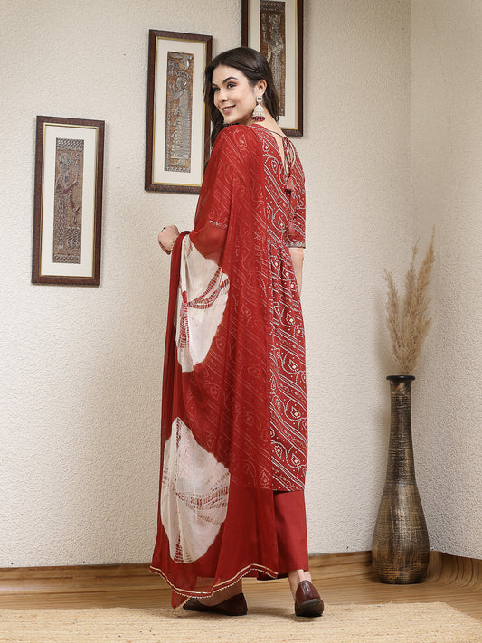 Stylum Women's Bandhej Printed Rayon Naira Cut Kurta Palazzo Dupatta Set (KPDRUSTCHARLI)