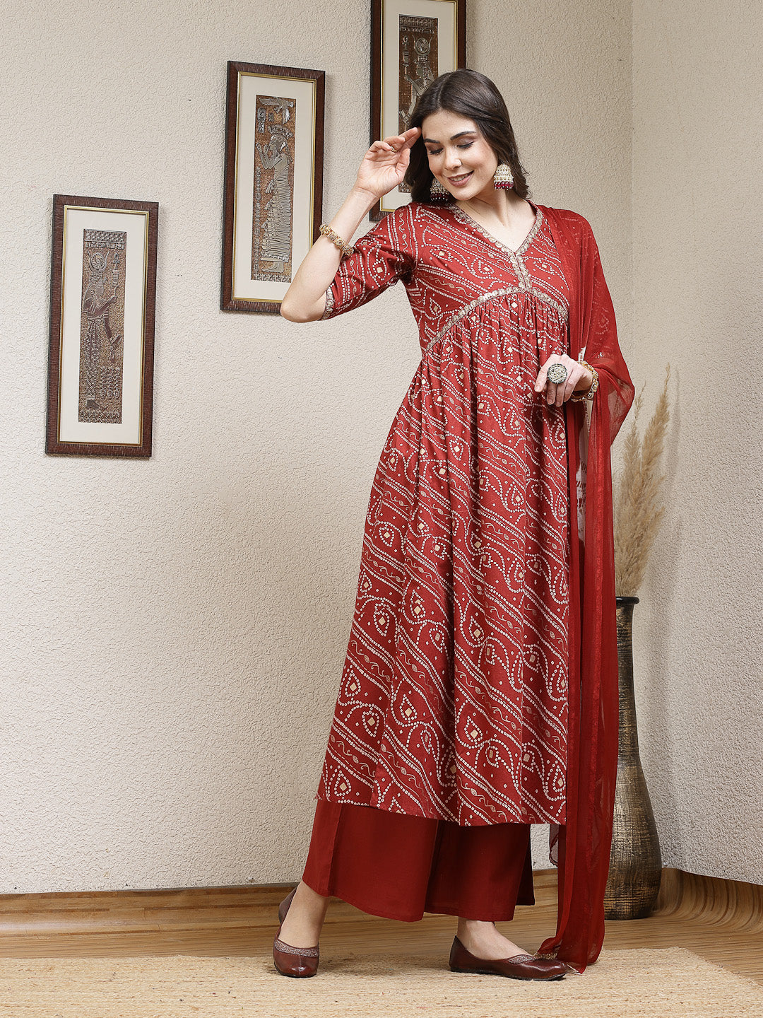 Stylum Women's Bandhej Printed Rayon Naira Cut Kurta Palazzo Dupatta Set (KPDRUSTCHARLI)