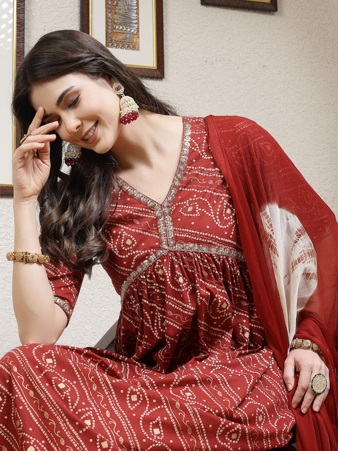 Stylum Women's Bandhej Printed Rayon Naira Cut Kurta Palazzo Dupatta Set (KPDRUSTCHARLI)