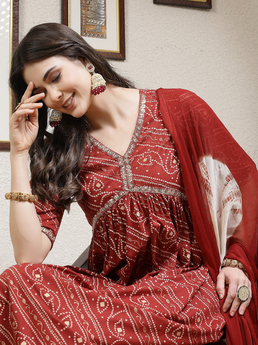 Stylum Women's Bandhej Printed Rayon Naira Cut Kurta Palazzo Dupatta Set (KPDRUSTCHARLI)