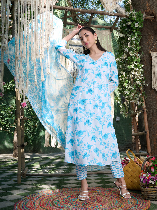 Stylum Women's Sky Blue Floral Printed Cotton A-Line Kurta Pant Dupatta Set (KPDSKYMORINGA)