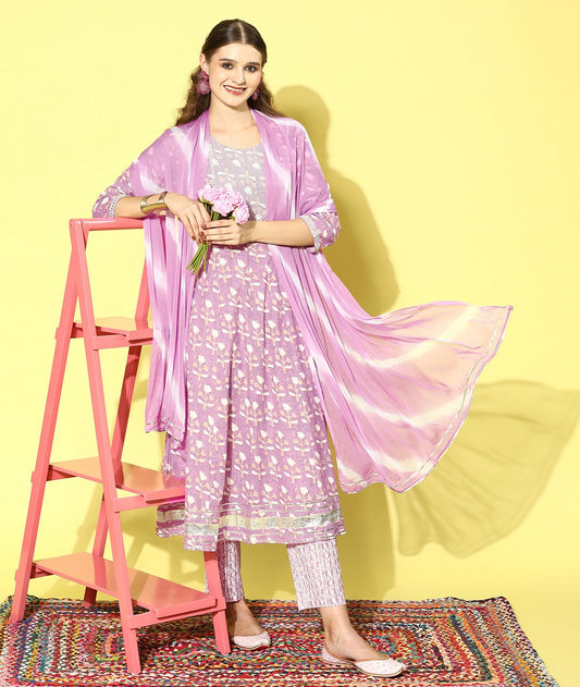 Stylum Women's Printed Cotton Anarkali Kurta Pant Dupatta Set (KPDSRIJA)