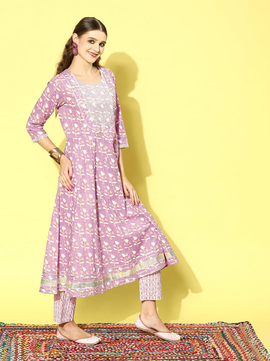 Stylum Women's Printed Cotton Anarkali Kurta Pant Dupatta Set (KPDSRIJA)