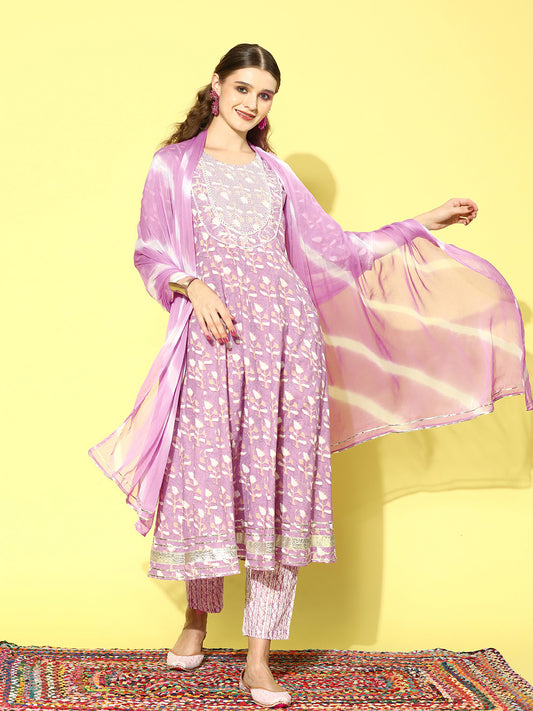 Stylum Women's Printed Cotton Anarkali Kurta Pant Dupatta Set (KPDSRIJA)