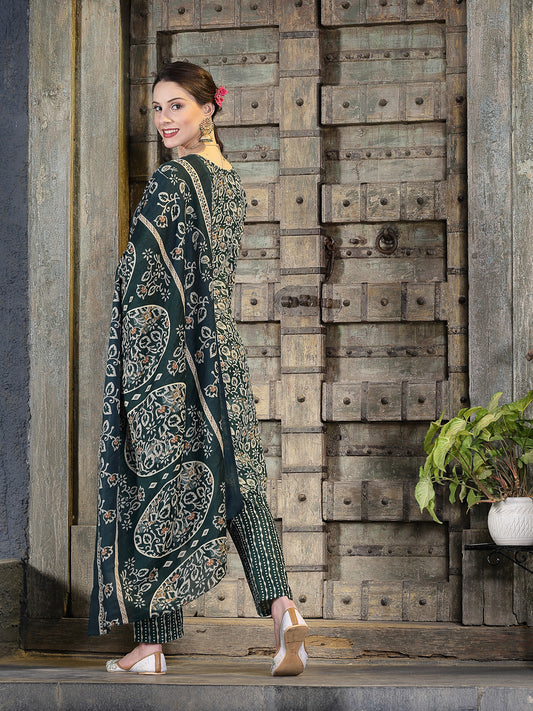 Stylum Women's Floral Printed Cotton Blend Straight Kurta Pant Dupatta Set (KPDTIGERGREEN)