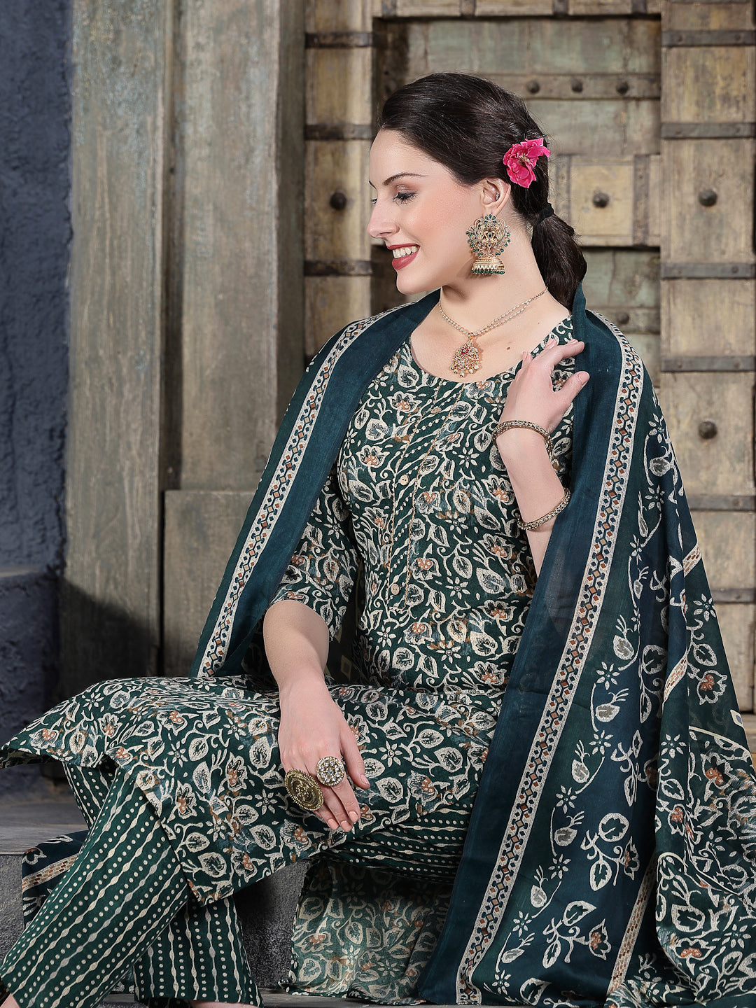 Stylum Women's Floral Printed Cotton Blend Straight Kurta Pant Dupatta Set (KPDTIGERGREEN)