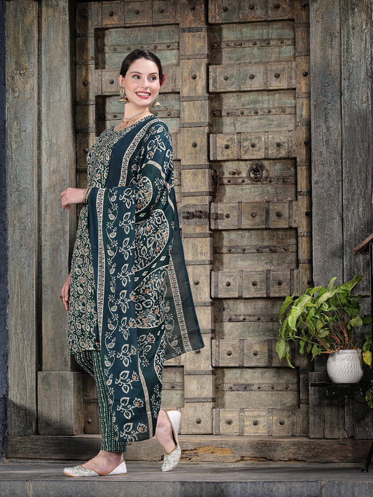 Stylum Women's Floral Printed Cotton Blend Straight Kurta Pant Dupatta Set (KPDTIGERGREEN)