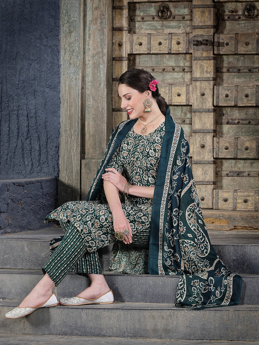 Stylum Women's Floral Printed Cotton Blend Straight Kurta Pant Dupatta Set (KPDTIGERGREEN)