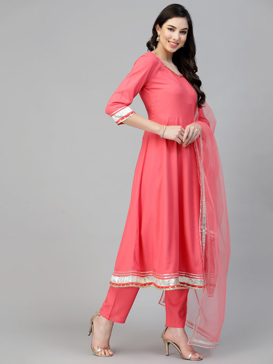 Stylum Women's Solid Rayon Kurta Pant Dupatta Set (KPDTODDYCORAL)