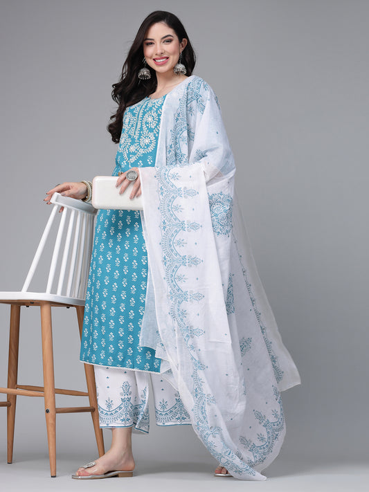 Stylum Women's Printed & Embroiderd Rayon Kurta Pant Dupatta Set (KPDTURQRANGOON)