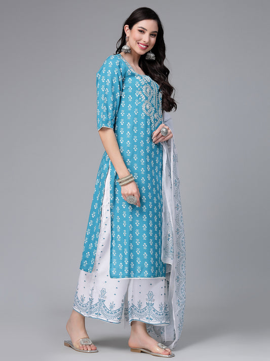 Stylum Women's Printed & Embroiderd Rayon Kurta Pant Dupatta Set (KPDTURQRANGOON)