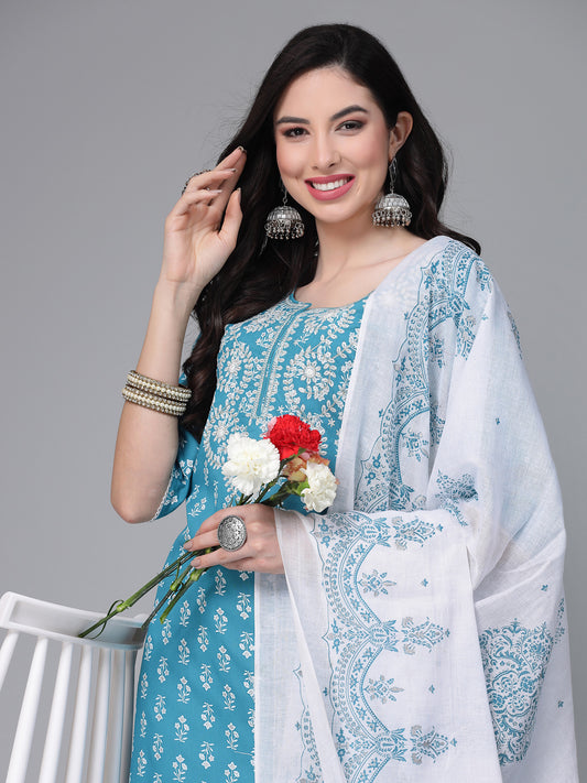 Stylum Women's Printed & Embroiderd Rayon Kurta Pant Dupatta Set (KPDTURQRANGOON)