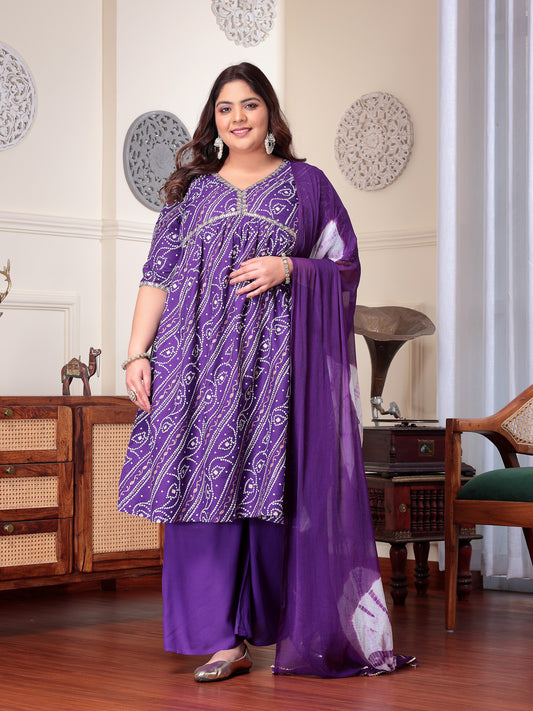 Plus Size Women's Bandhej Printed Rayon Naira Cut Kurta Palazzo Dupatta Set (KPDVOILCHARLIPLUS)