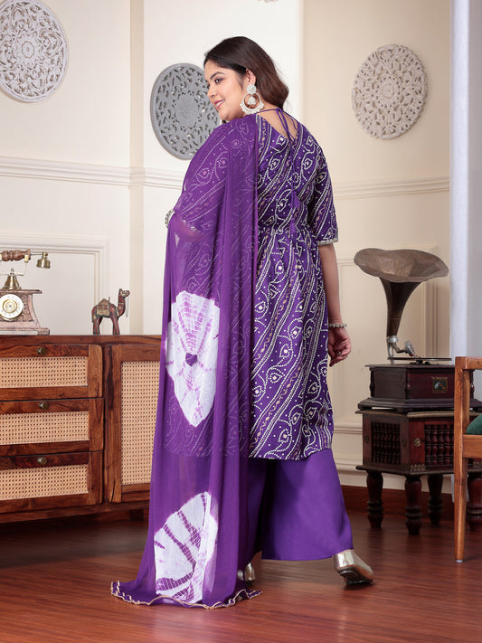 Plus Size Women's Bandhej Printed Rayon Naira Cut Kurta Palazzo Dupatta Set (KPDVOILCHARLIPLUS)