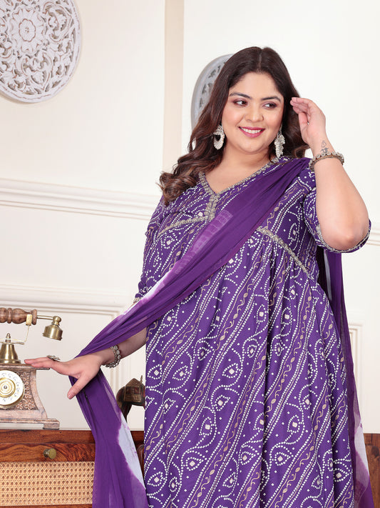 Plus Size Women's Bandhej Printed Rayon Naira Cut Kurta Palazzo Dupatta Set (KPDVOILCHARLIPLUS)