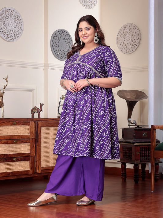 Plus Size Women's Bandhej Printed Rayon Naira Cut Kurta Palazzo Dupatta Set (KPDVOILCHARLIPLUS)