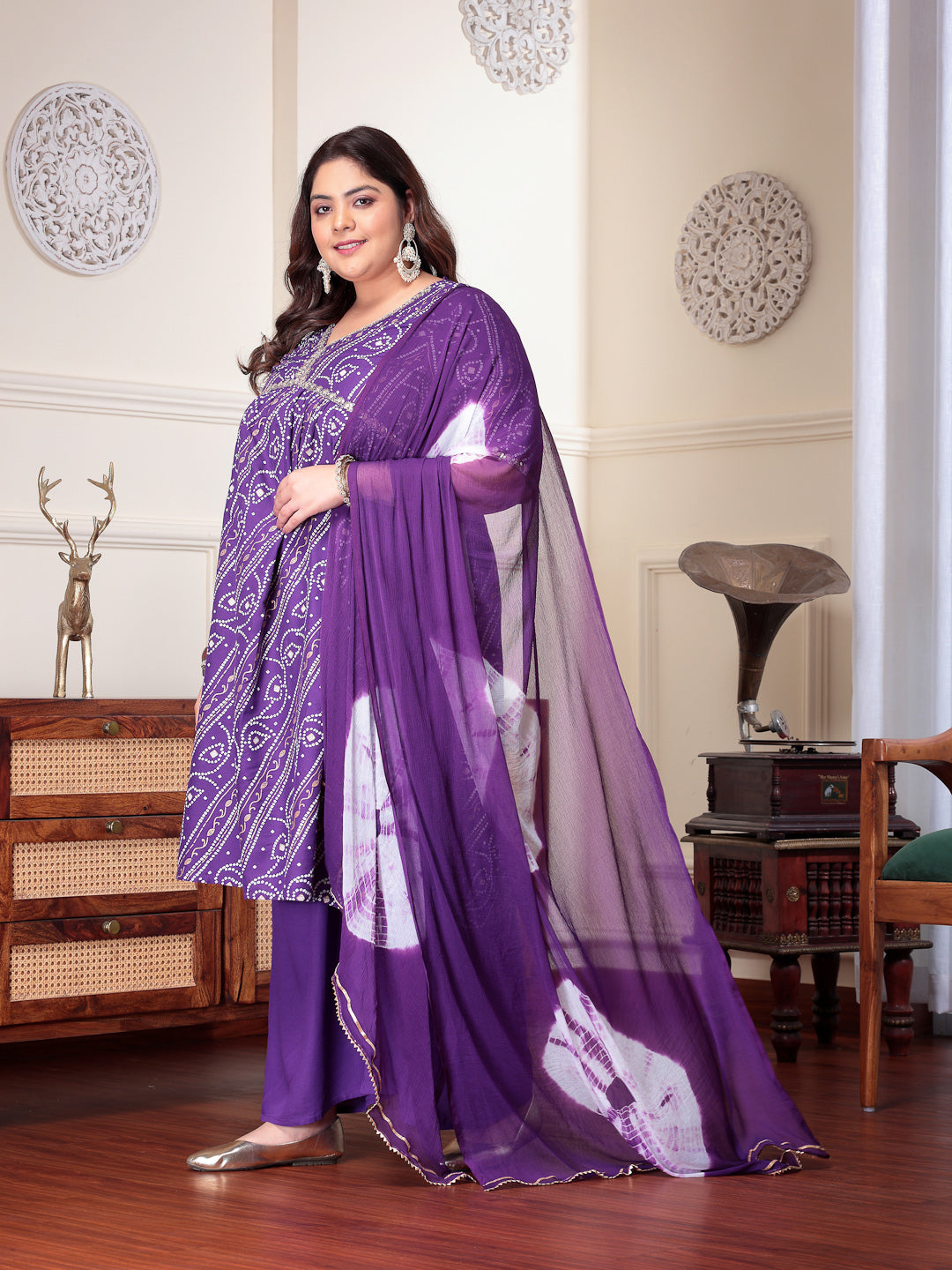 Plus Size Women's Bandhej Printed Rayon Naira Cut Kurta Palazzo Dupatta Set (KPDVOILCHARLIPLUS)