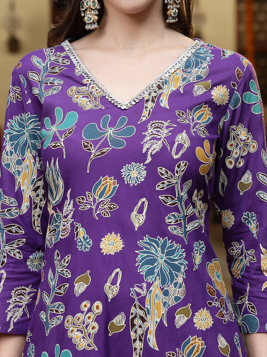 Stylum Women's Violet Floral Printed Rayon Straight Kurta Pant Dupatta Set (KPDVOILFRANCE)