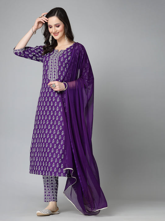 Stylum Women's Floral Printed Rayon Straight Kurta Pant Dupatta Set (KPDVOILSEAL)