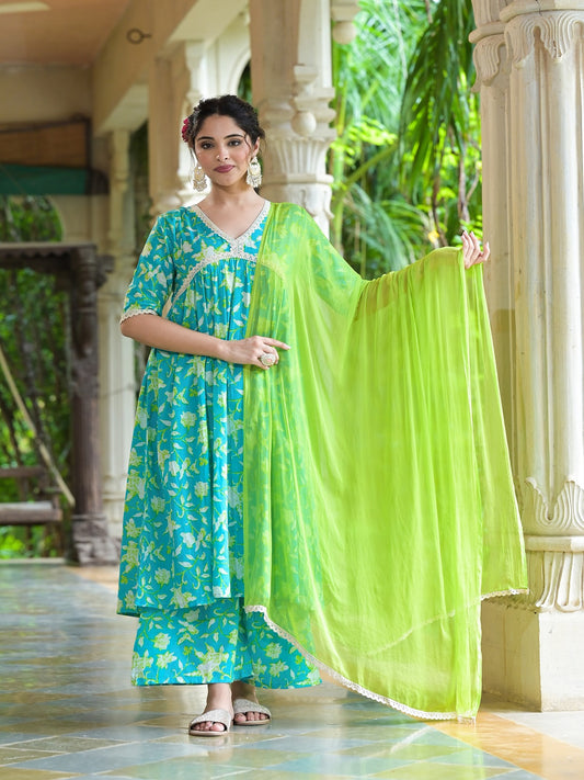 Stylum Women's Floral Printed Cotton Pleated Kurta Palazzo Dupatta Set (KPDZAYLA)