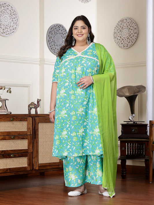 Plus Size Women's Floral Printed Cotton Pleated Kurta Palazzo Dupatta Set (KPDZAYLAPLUS)