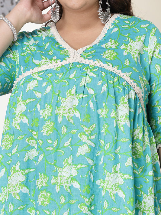 Plus Size Women's Floral Printed Cotton Pleated Kurta Palazzo Dupatta Set (KPDZAYLAPLUS)