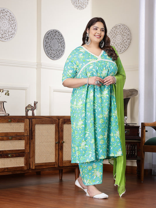Plus Size Women's Floral Printed Cotton Pleated Kurta Palazzo Dupatta Set (KPDZAYLAPLUS)