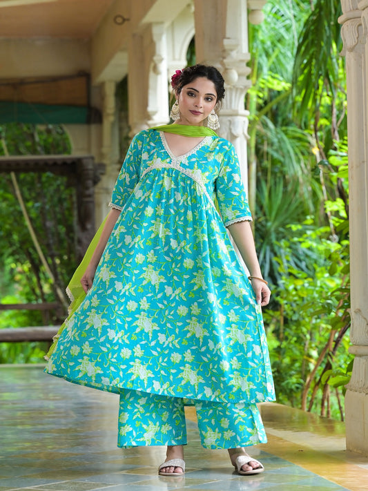Stylum Women's Floral Printed Cotton Pleated Kurta Palazzo Dupatta Set (KPDZAYLA)