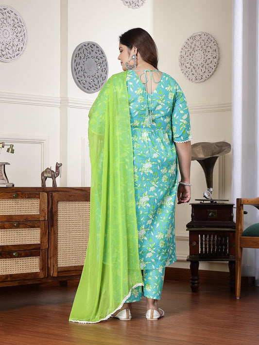 Plus Size Women's Floral Printed Cotton Pleated Kurta Palazzo Dupatta Set (KPDZAYLAPLUS)