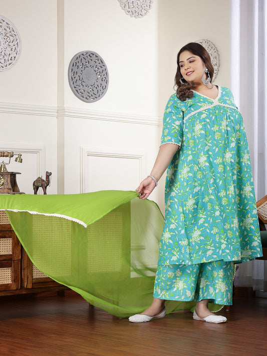 Plus Size Women's Floral Printed Cotton Pleated Kurta Palazzo Dupatta Set (KPDZAYLAPLUS)