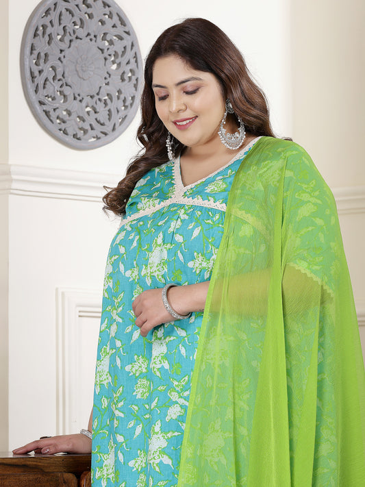 Plus Size Women's Floral Printed Cotton Pleated Kurta Palazzo Dupatta Set (KPDZAYLAPLUS)