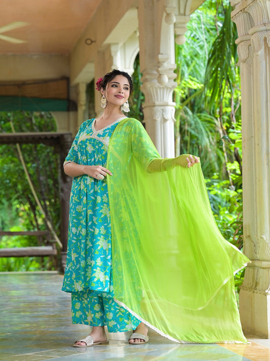 Cotton Pleated Kurta Palazzo Dupatta Set