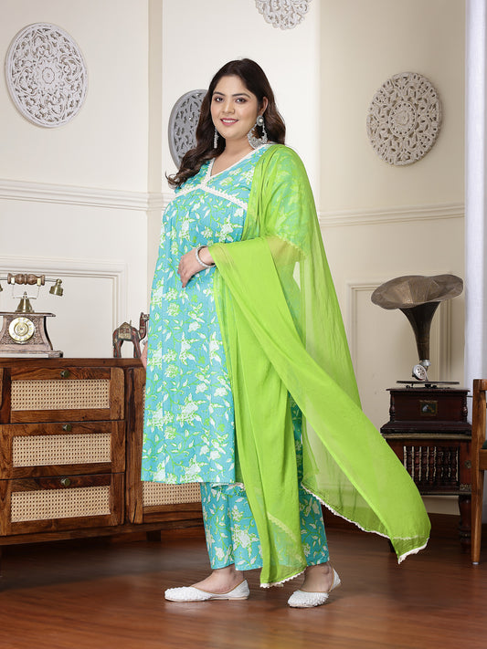 Plus Size Women's Floral Printed Cotton Pleated Kurta Palazzo Dupatta Set (KPDZAYLAPLUS)