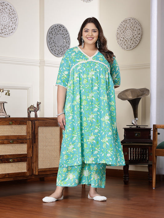 Plus Size Women's Floral Printed Cotton Pleated Kurta Palazzo Dupatta Set (KPDZAYLAPLUS)