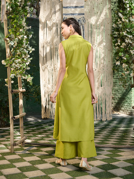Stylum Women's Green Solid Cotton Blend Kurta Pant Set (KPGREENCURRY)