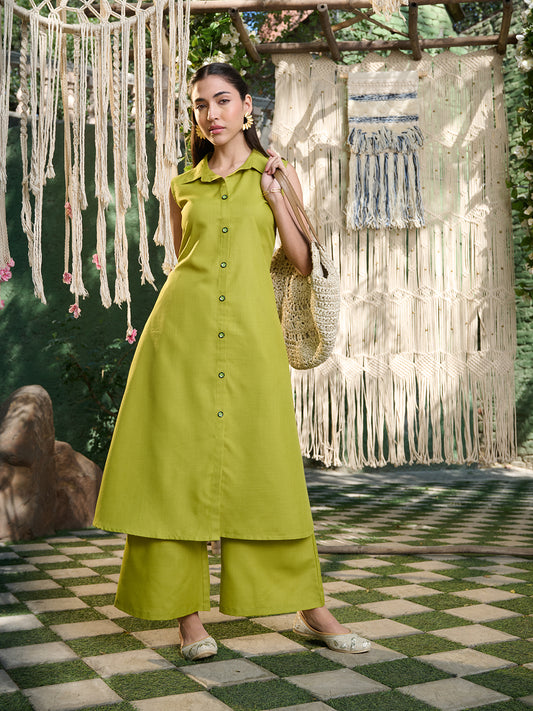 Stylum Women's Green Solid Cotton Blend Kurta Pant Set (KPGREENCURRY)