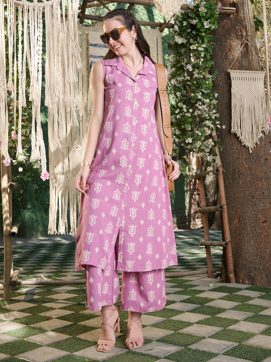 Stylum Women's Mauve Printed Rayon Kurta Pant Set (KPMAUVEHUT)
