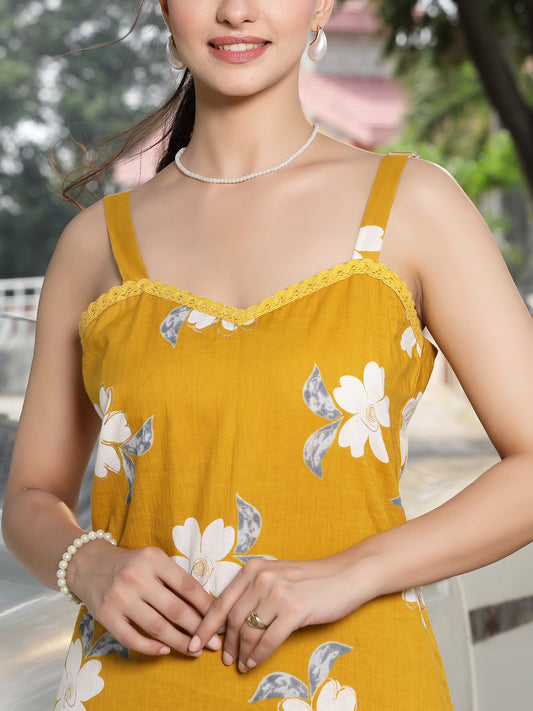 Stylum Women's Mustard Floral Printed Cotton Straight Kurta Palazzo Set (KPMUSTARDCOLL)
