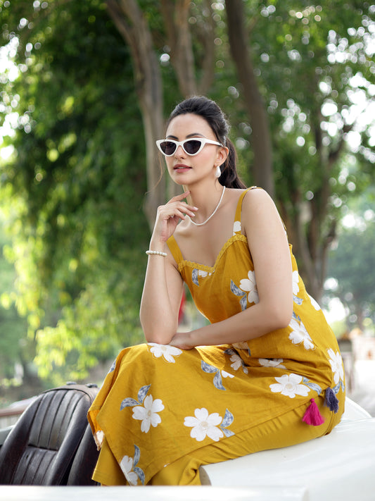 Stylum Women's Mustard Floral Printed Cotton Straight Kurta Palazzo Set (KPMUSTARDCOLL)