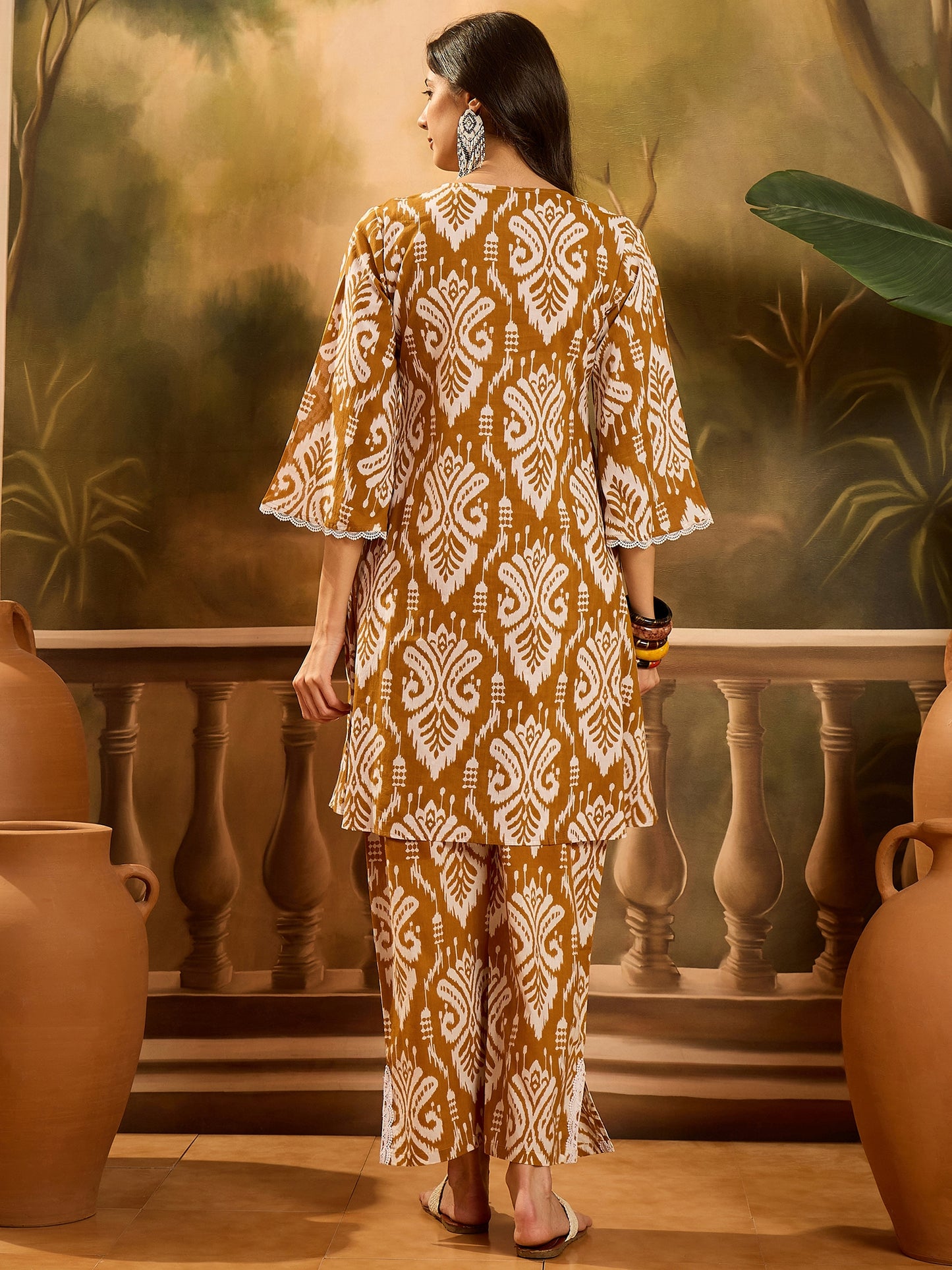 Stylum Women's Mustard Ikat Printed Cotton A-Line Kurta Pant Set (KPMUSTARDPOLLY)