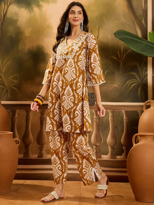 Stylum Women's Mustard Ikat Printed Cotton A-Line Kurta Pant Set (KPMUSTARDPOLLY)