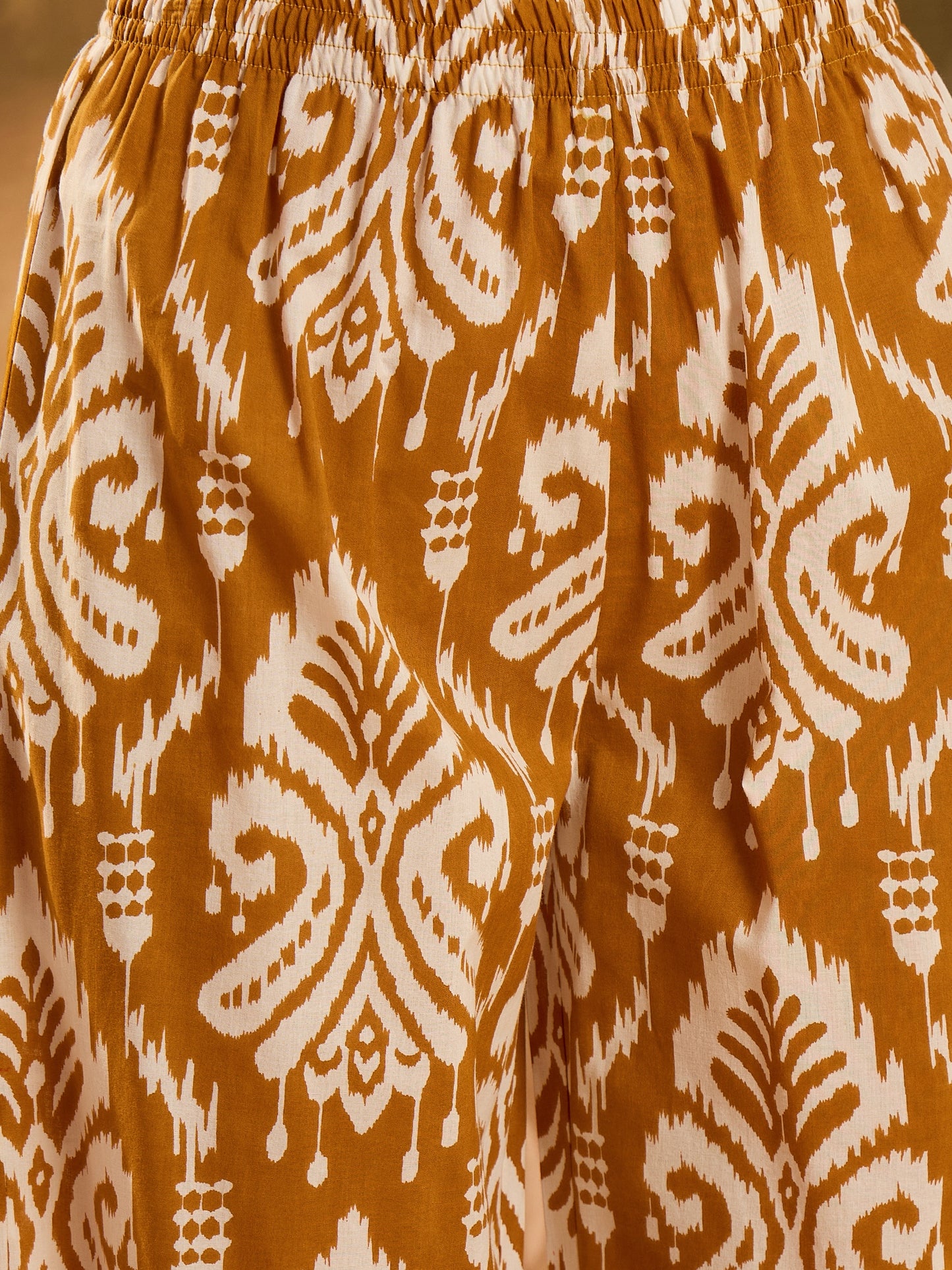 Stylum Women's Mustard Ikat Printed Cotton A-Line Kurta Pant Set (KPMUSTARDPOLLY)