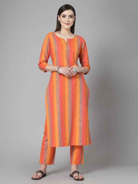 Stylum Women's Woven Design Cotton Blend Straight Kurta Pant Set (KPORANGEOREO)