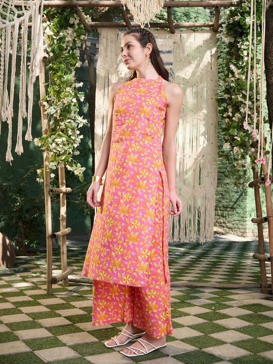 Stylum Women's Pink Floral Printed Cotton Straight Kurta Palazzo Set (KPPINKBRU)