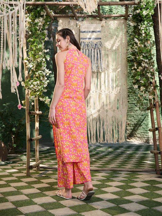 Stylum Women's Pink Floral Printed Cotton Straight Kurta Palazzo Set (KPPINKBRU)
