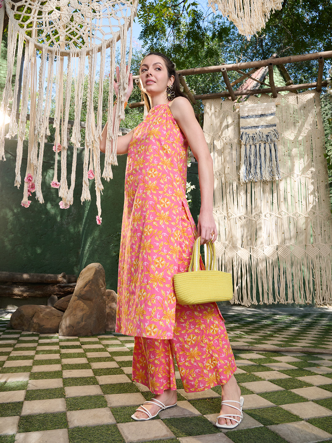 Stylum Women's Pink Floral Printed Cotton Straight Kurta Palazzo Set (KPPINKBRU)