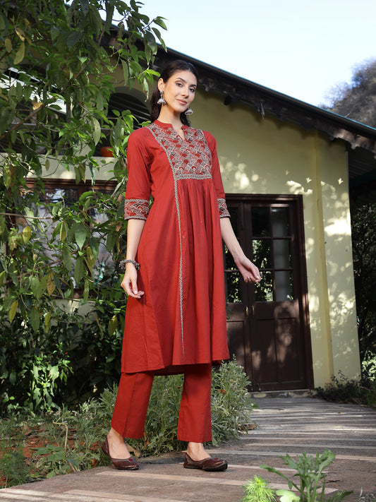 Stylum Women's Rust Printed Cotton A-Line Kurta Pant Set (KPRUSTMURANO)