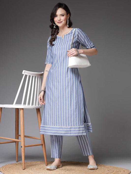 Blue Striped Cotton Blend Straight Kurta Pant Set