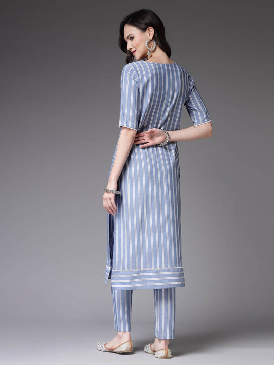 Blue Striped Cotton Blend Straight Kurta Pant Set